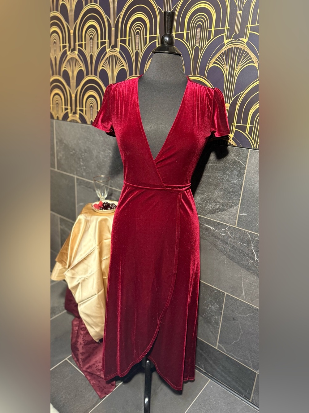 BHLDN Burgundy Velvet Wrap Midi Dress